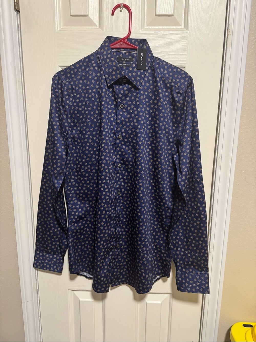 RW&Co Navy Button-Up Shirt with Small Gold Floral Pattern